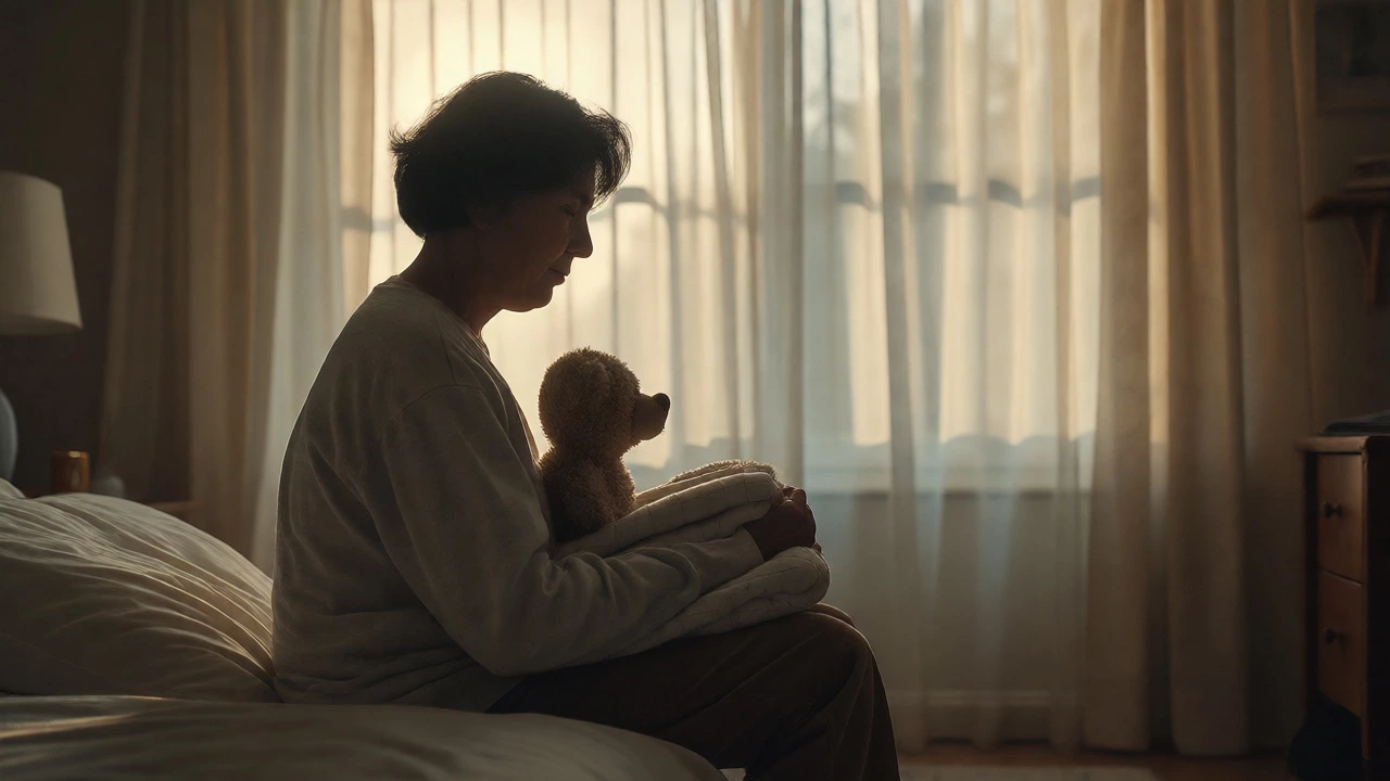 Person holding a beloved childhood item peacefully at sunrise