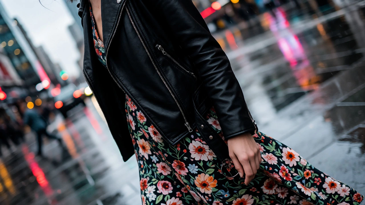 Person in a black leather jacket and floral dress on a wet city street.