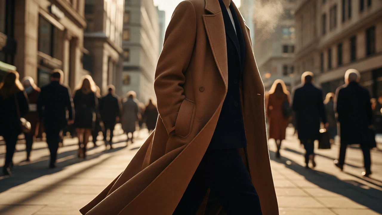 Person in a camel wool overcoat and navy blazer walking in winter light.