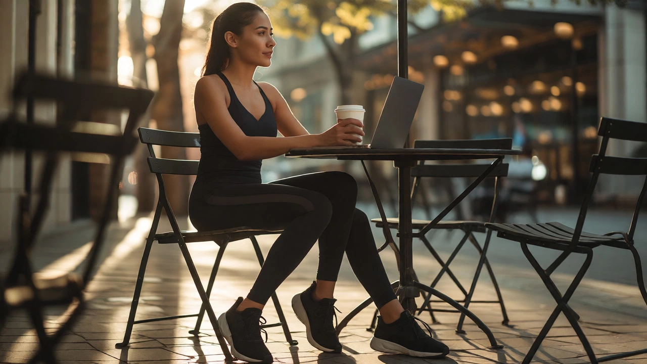 Person in athleisure working at an outdoor cafe