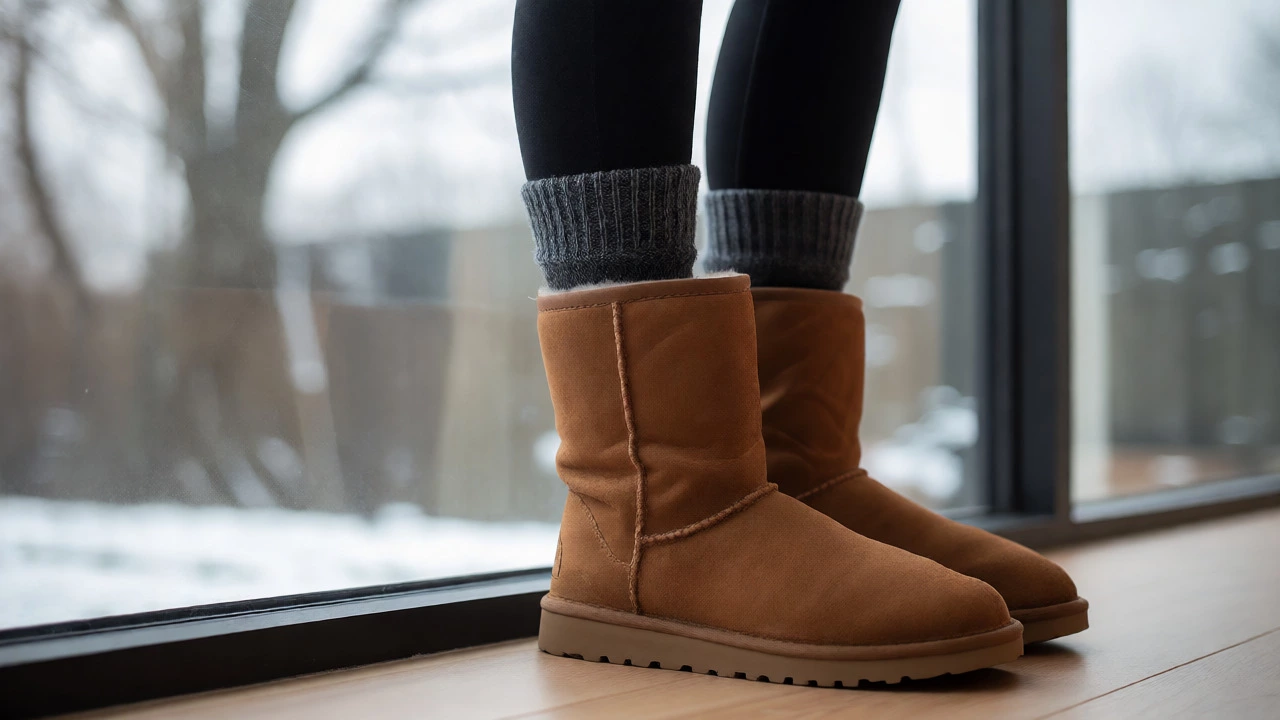 Person wearing tall UGG boots with thin grey merino wool socks visible at the cuff against a winter backdrop.