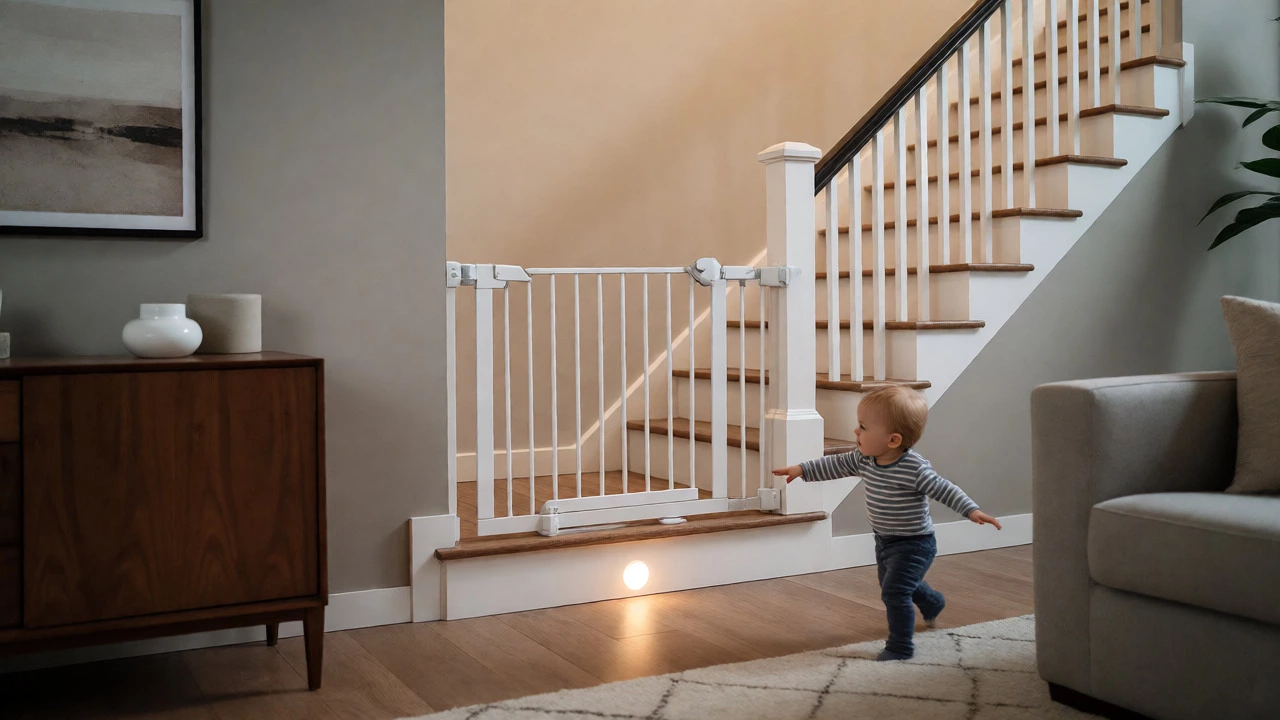 Safety gate installed at the bottom of a home staircase