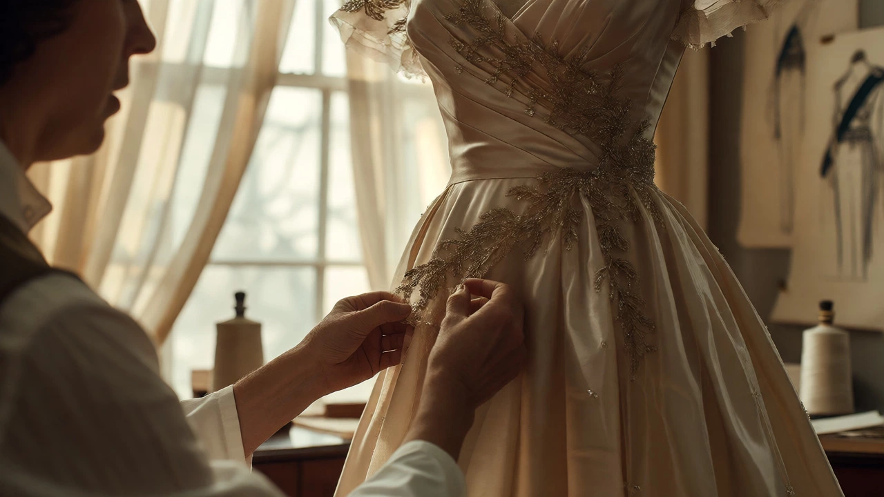 Seamstress adjusting a detailed royal evening dress in an atelier