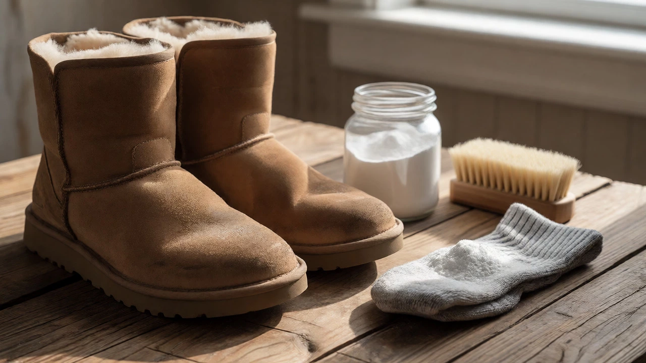 Still life of UGG boots with baking soda, a cleaning brush, and a bamboo liner sock on a wooden table.