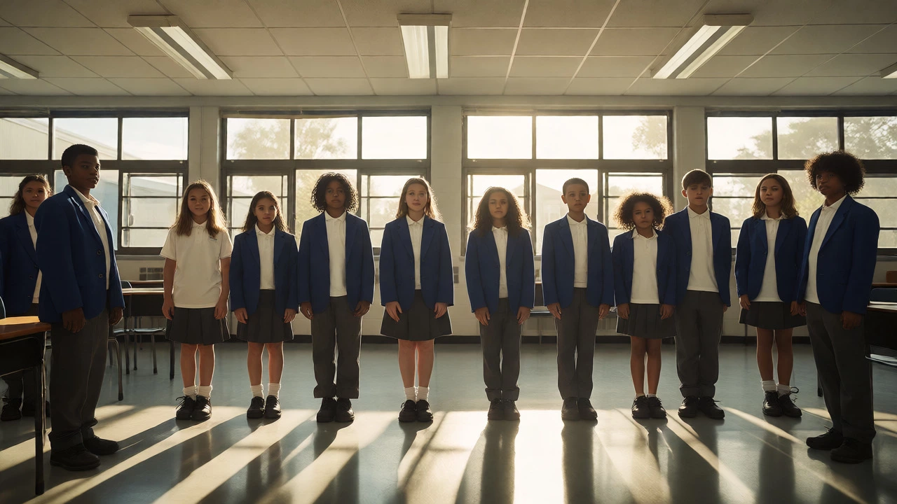 Students in matching navy blazers and grey bottoms standing in a sunlit classroom.